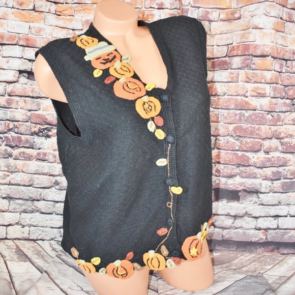 Karen Scott Large Halloween Vest Pumpkin Leaves Hand Embroidered - Picture 8 of 12